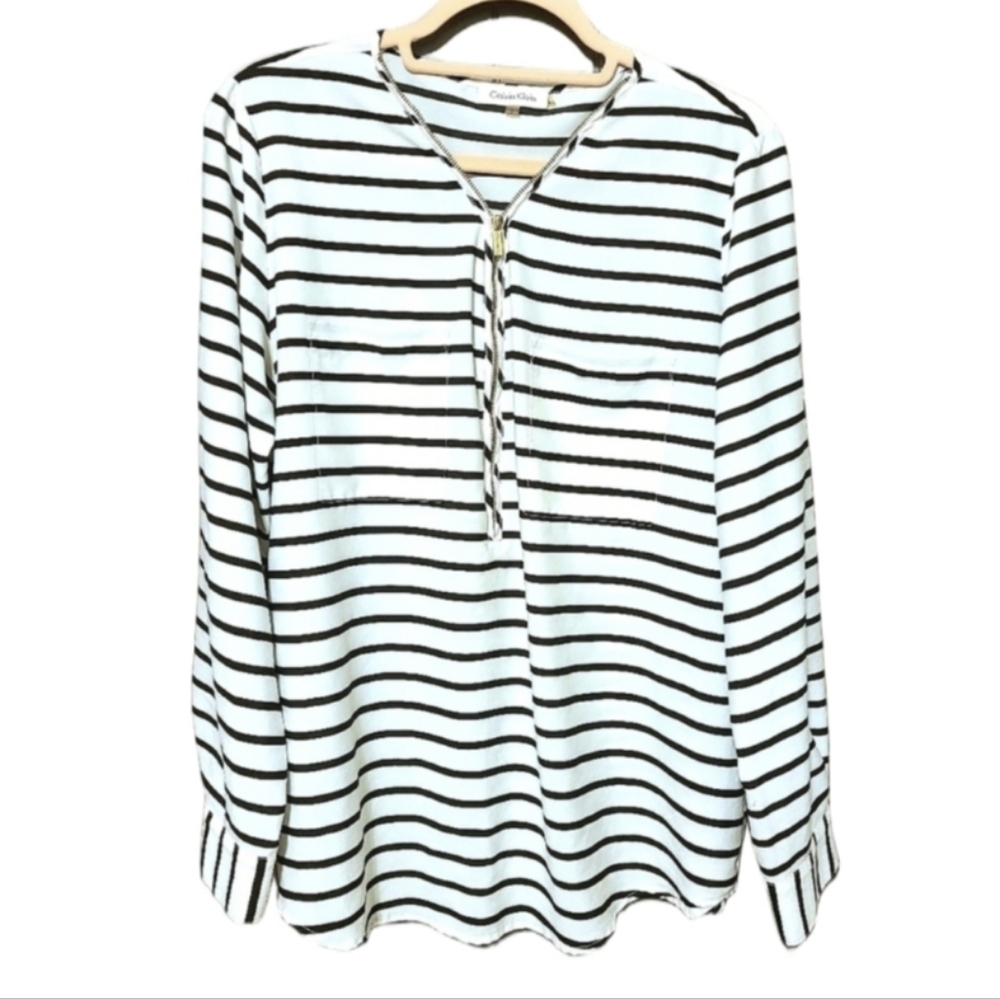 Calvin Klein Striped 1/2 Zip Blouse Roll Tab Long Sleeve Pocket White Black EUC
